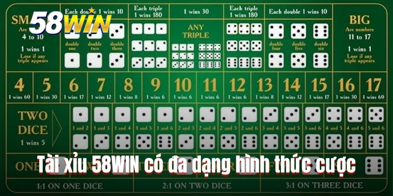 Tài xỉu 58WIN có đa dạng hình thức cược